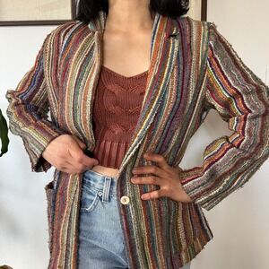 Vintage 1970s Woven Stripe Jacket Boho Artisan Textured Blazer Earth Tone